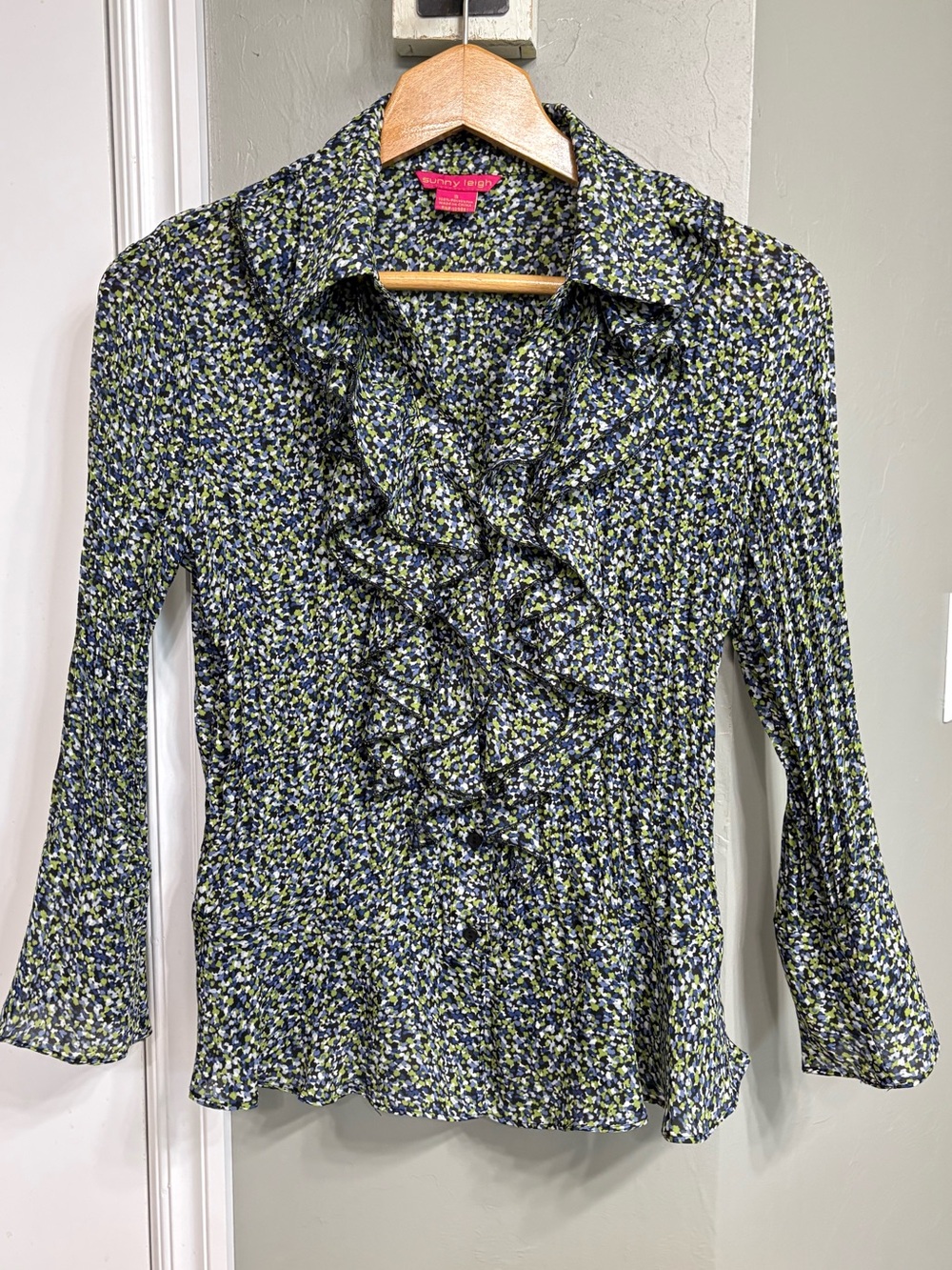 Sunny Leigh Green Multi Ruffle-Front Blouse